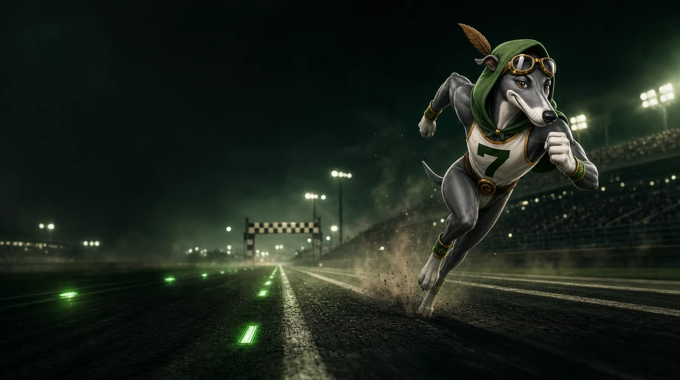 Hood Derby mascot sprinting down the night track